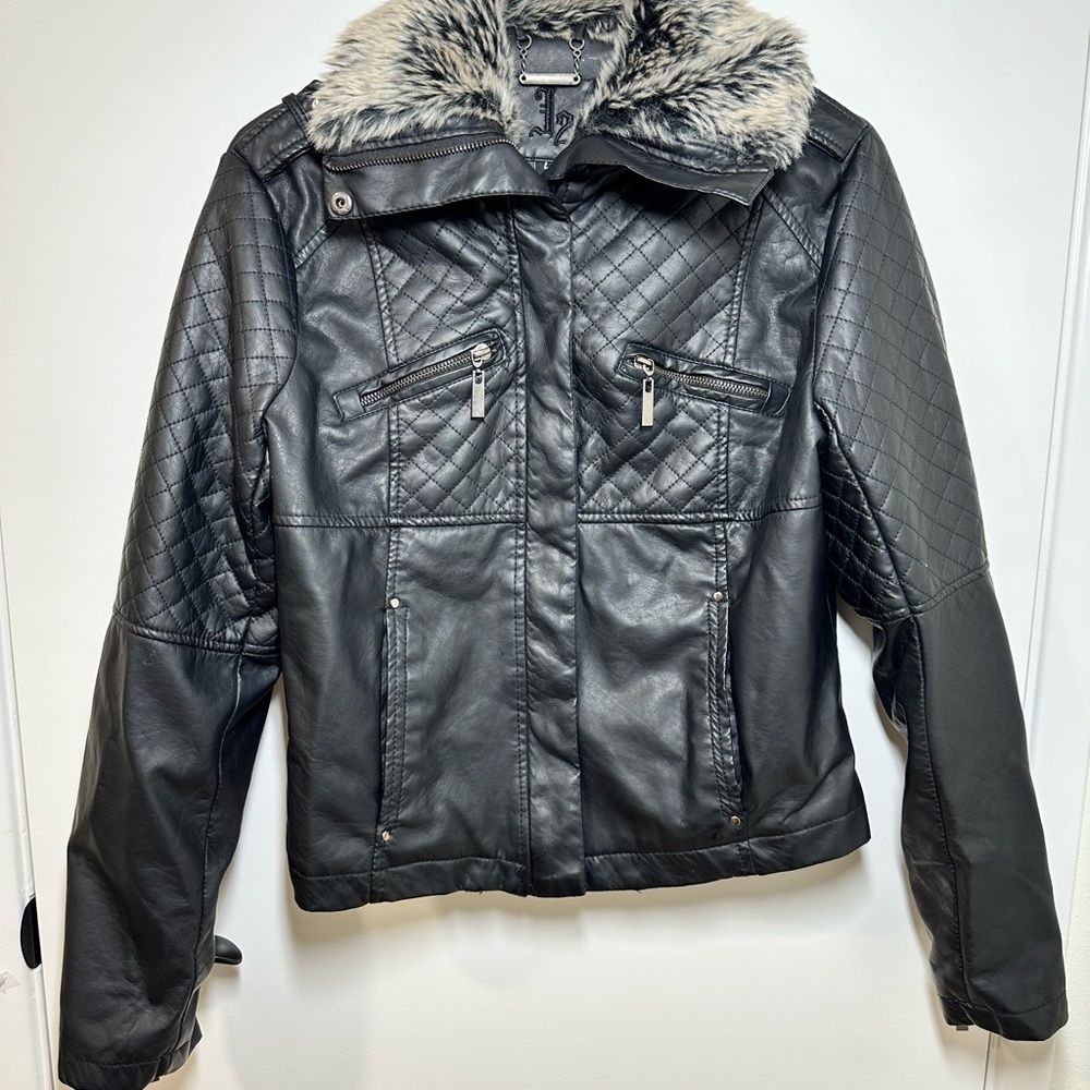 Jou Jou Black Faux Leather Motorcycle Jacket with Quilted Stitching